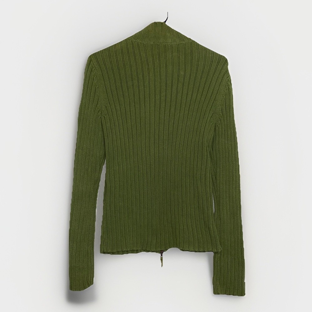 DKNY Jeans Full Front Zip Knit Sweater Women's XL Green Cotton Turtleneck Logo - Picture 2 of 7